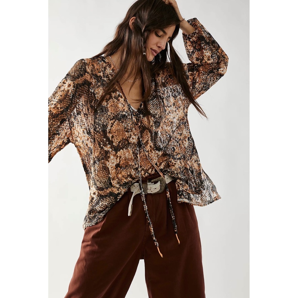 Free People Out For The Night Top Sheer Snake Print V-Neck Tie Neck Blouse Large